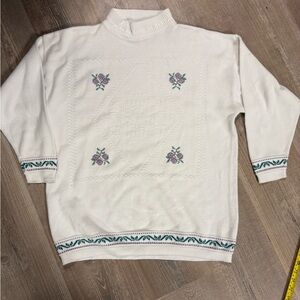 Vintage Embroidered White Sweater with Lavender Floral Accents Cross Stitch